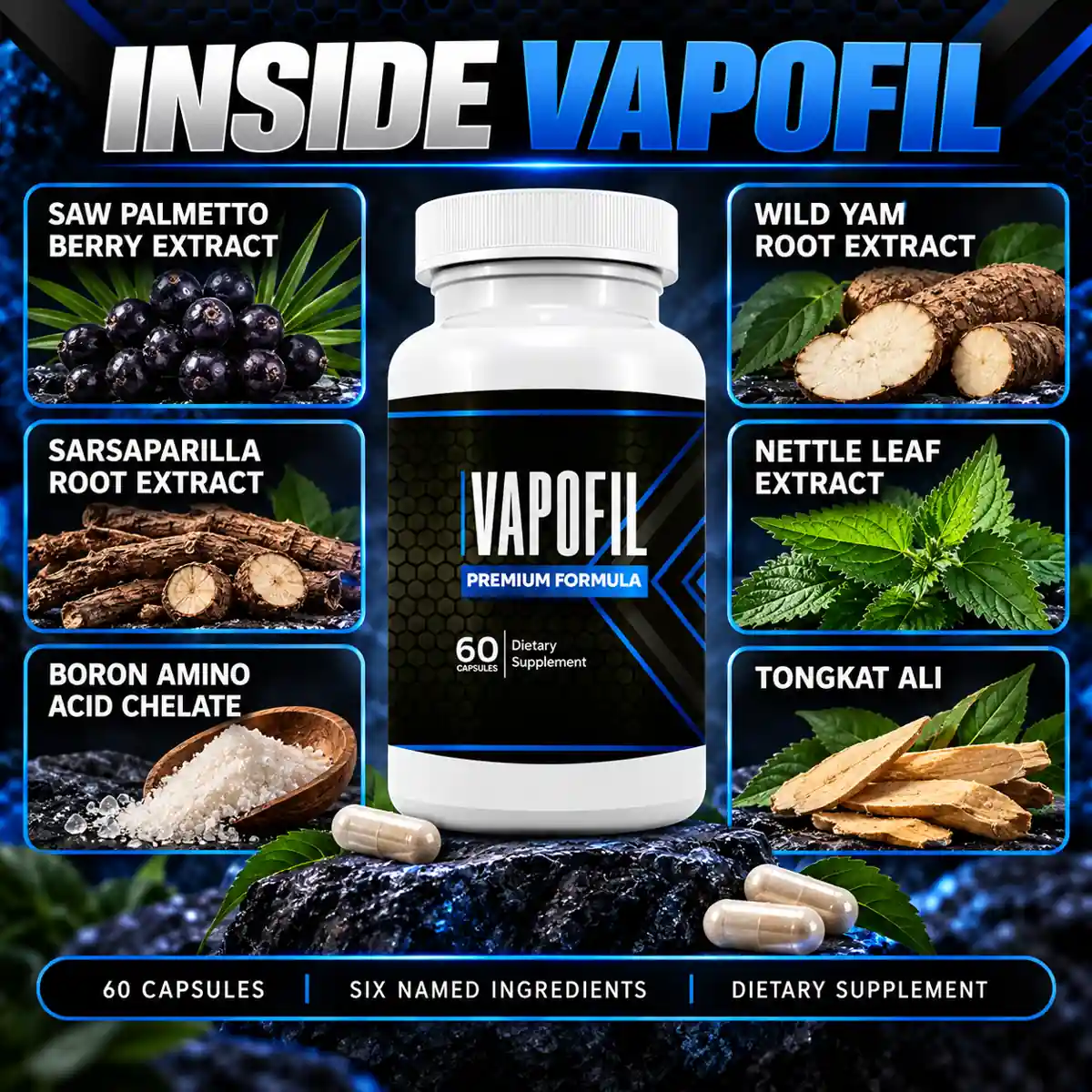 Inside VapoFil listing tile: six ingredient photographs arranged around the bottle