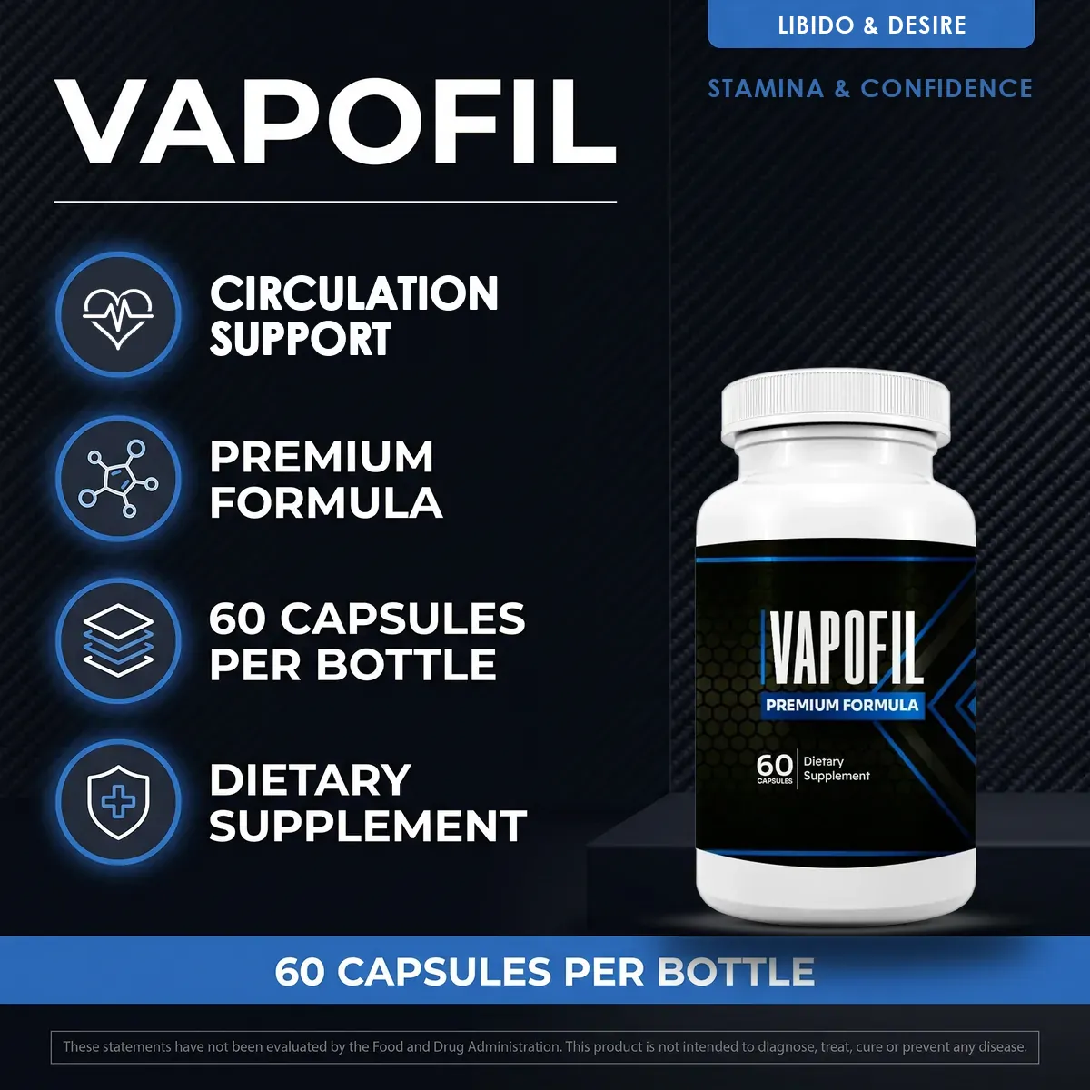 VapoFil benefits tile: libido and desire, stamina and confidence, circulation support beside a heart-and-pulse icon, 60 capsules per bottle