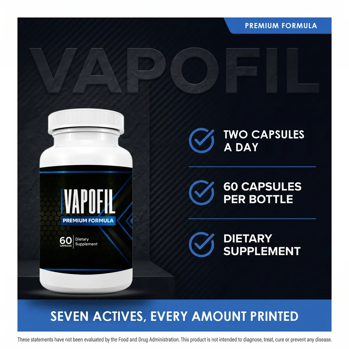 VapoFil listing tile: two capsules a day, 60 capsules per bottle, dietary supplement, seven actives with every amount printed